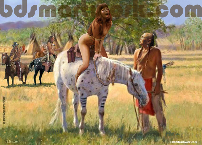 Wooden shaft protruding deep into her sex