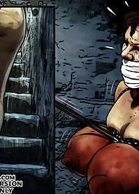 He pushed Claudia to her knees and stood next to her masturbating, pointing his cock at her red breasts pic 2